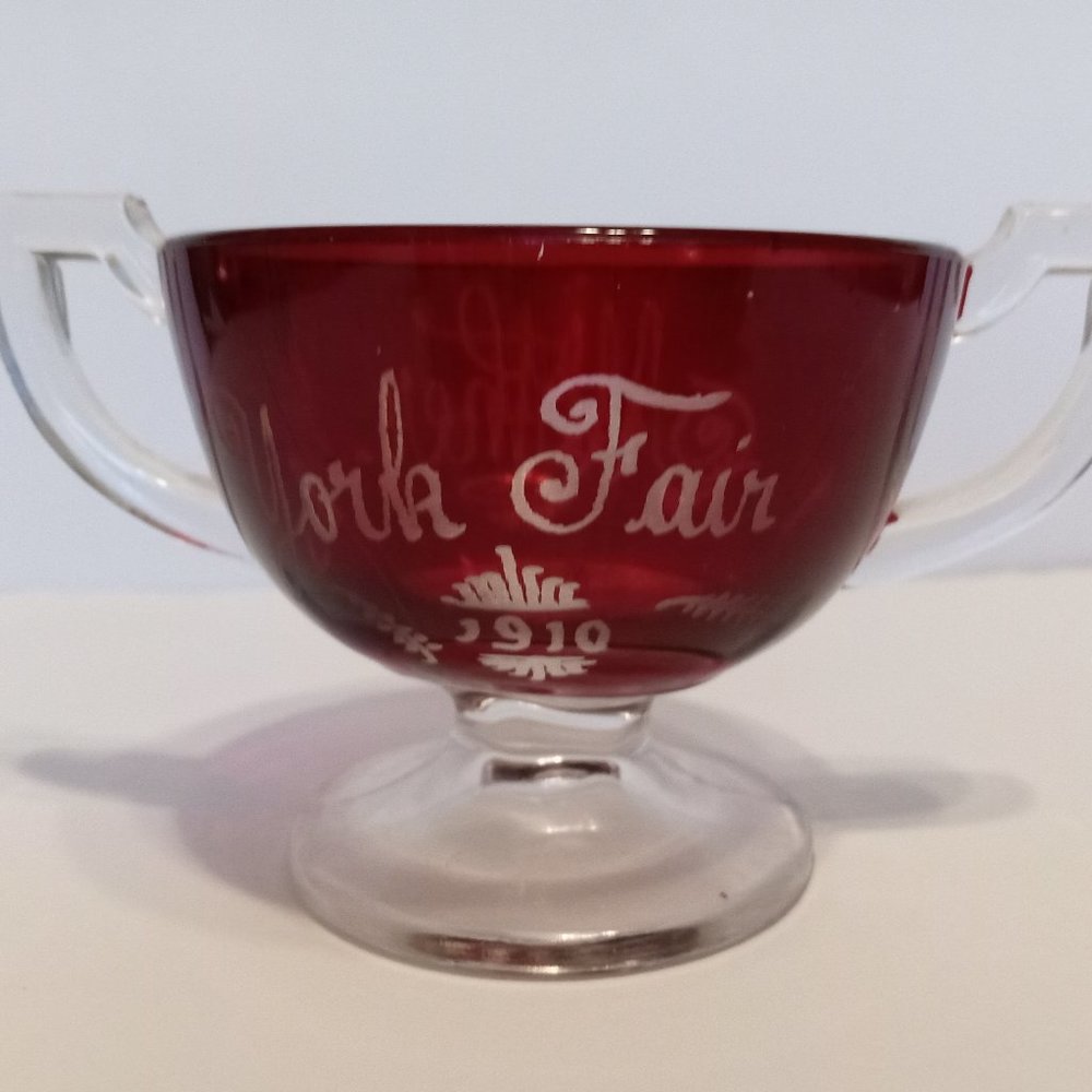 Antique Ruby Red Glass Souvenir Cup with Handles
